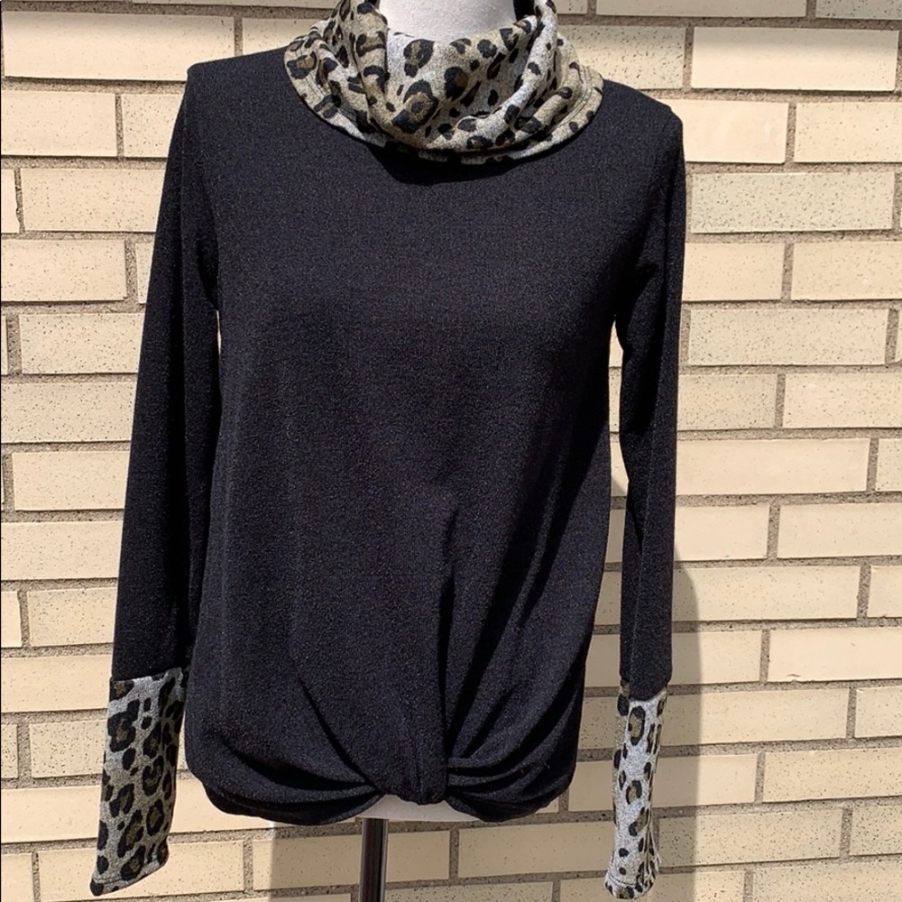 Black Leopard Animal Print Cowl Neck Knit Top - Picture 2 of 9